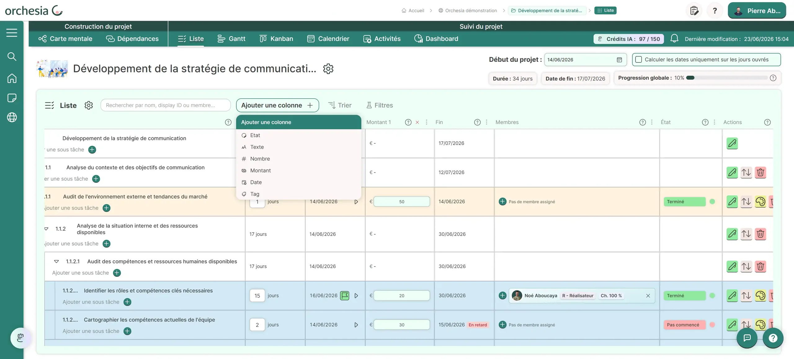 Orchesia's List view with the "Add a column" menu open on the Status, Text, Number, Amount, Date and Tag types, and an Amount column in euros already filled in on the tasks.