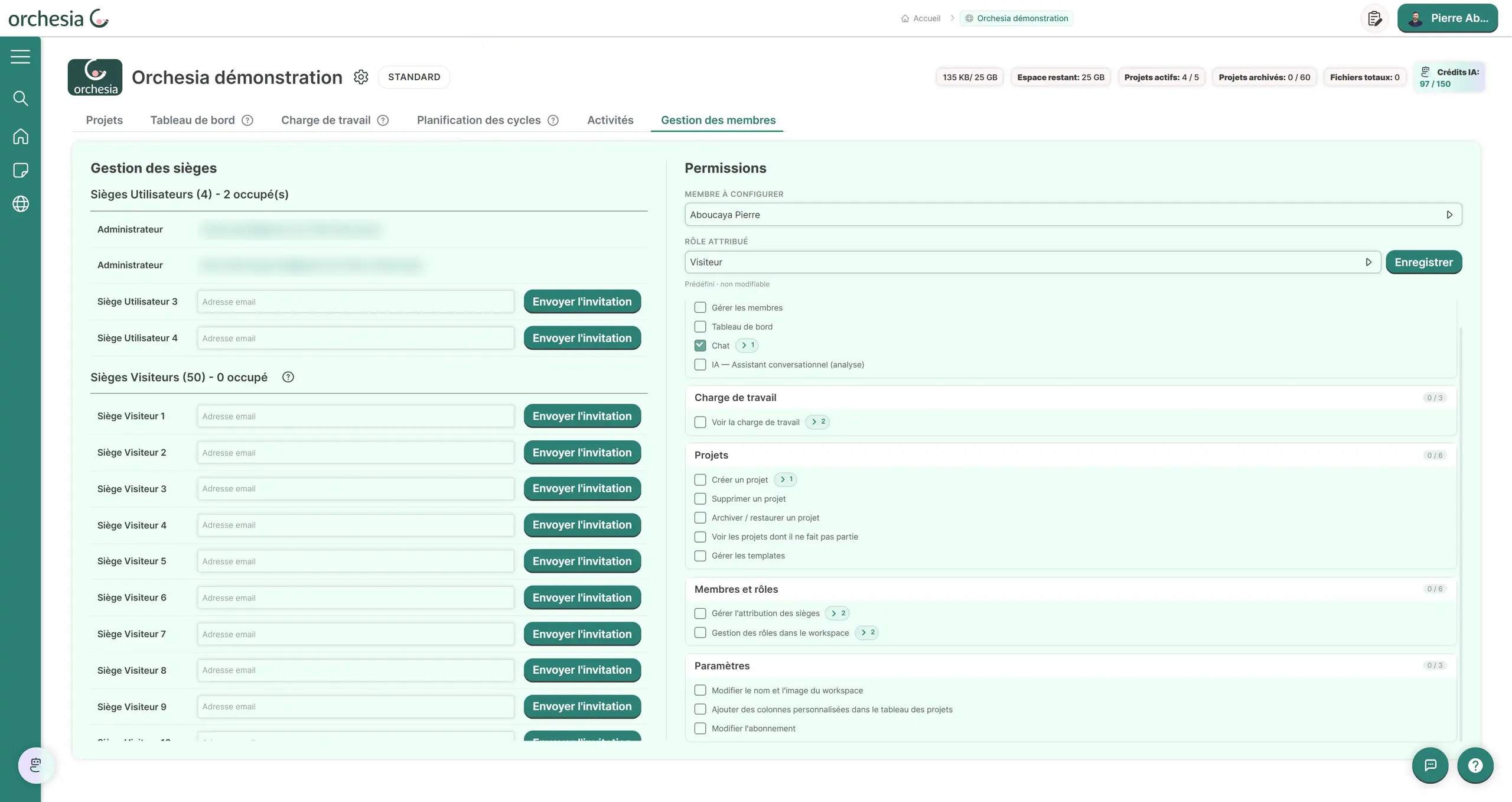 The seat management screen of an Orchesia workspace: four User seats with two taken, fifty free Visitor seats, and the permissions panel for the Visitor role with its checkboxes.