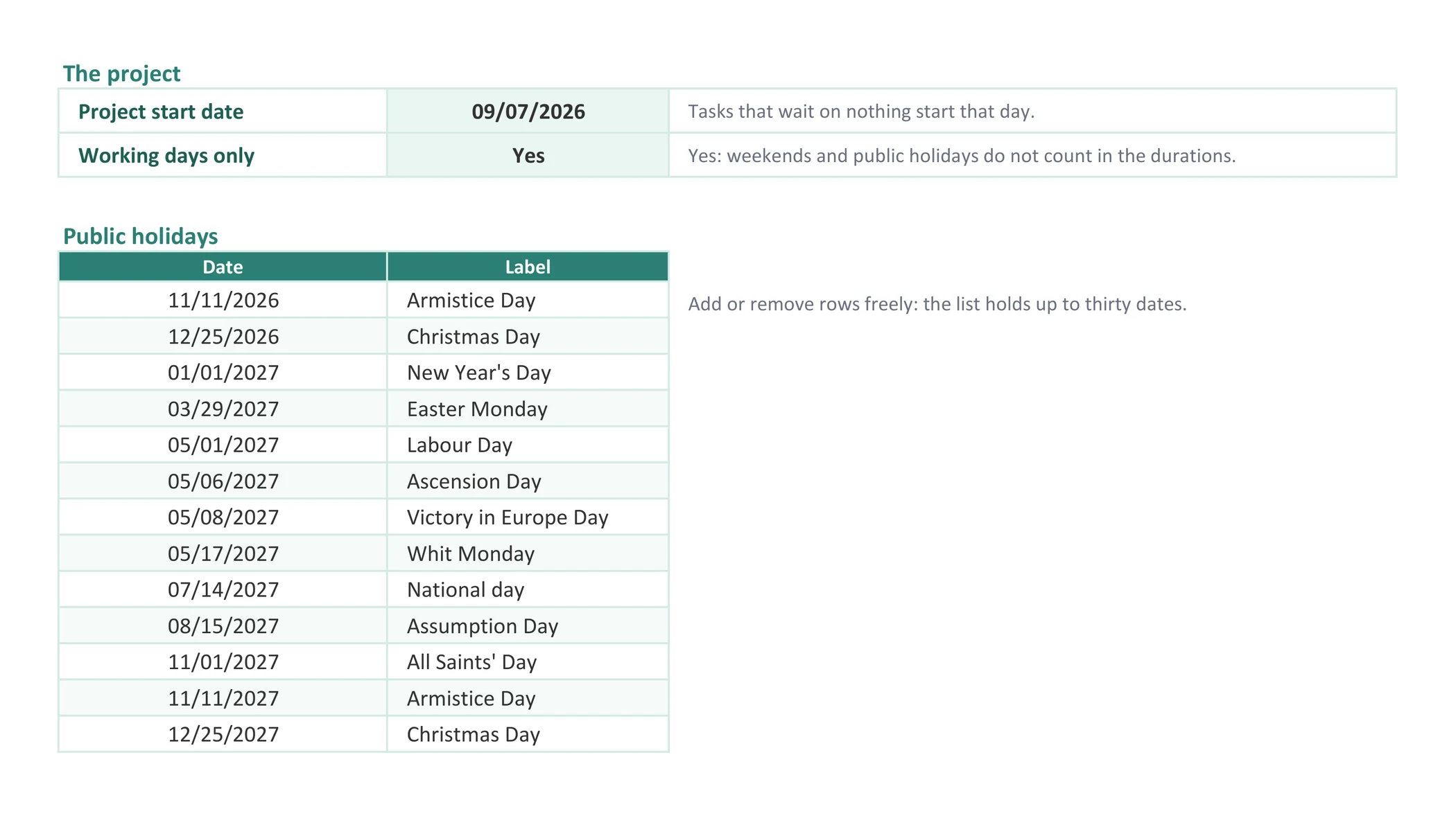 Dates in working days, holidays removed