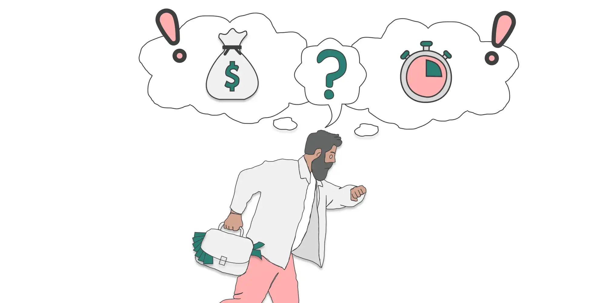 A project manager walking with a briefcase, money, time and uncertainty hanging over their head.