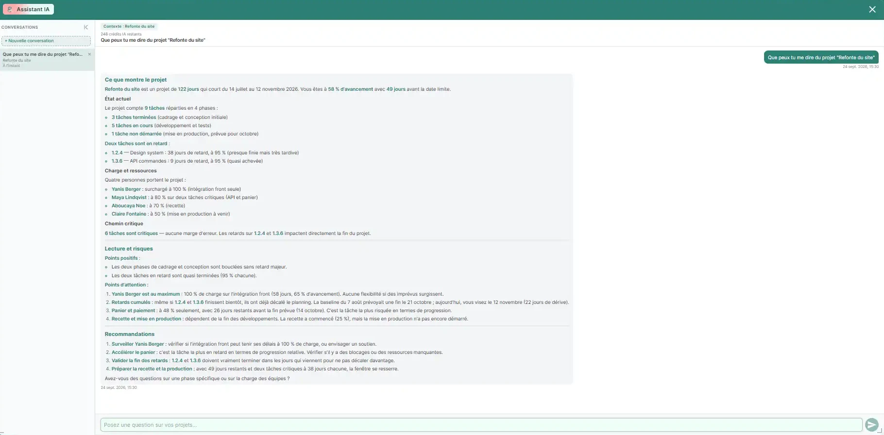 L'assistant IA d'Orchesia répond sur un projet : avancement, tâches en retard, charge de chaque personne, chemin critique, points d'attention et recommandations.