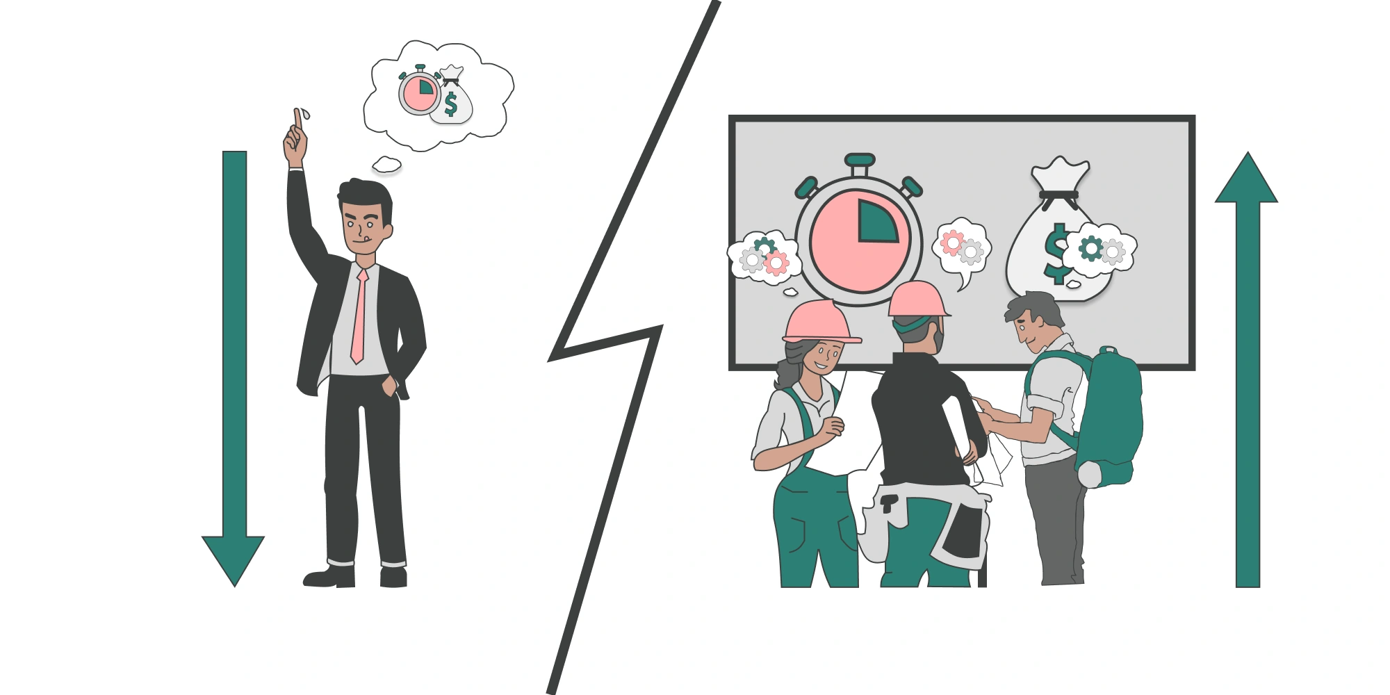 Comparaison entre une estimation descendante faite par un décideur isolé et une estimation ascendante collaborative par l'équipe projet, illustrant les différences d'implication et de précision.
