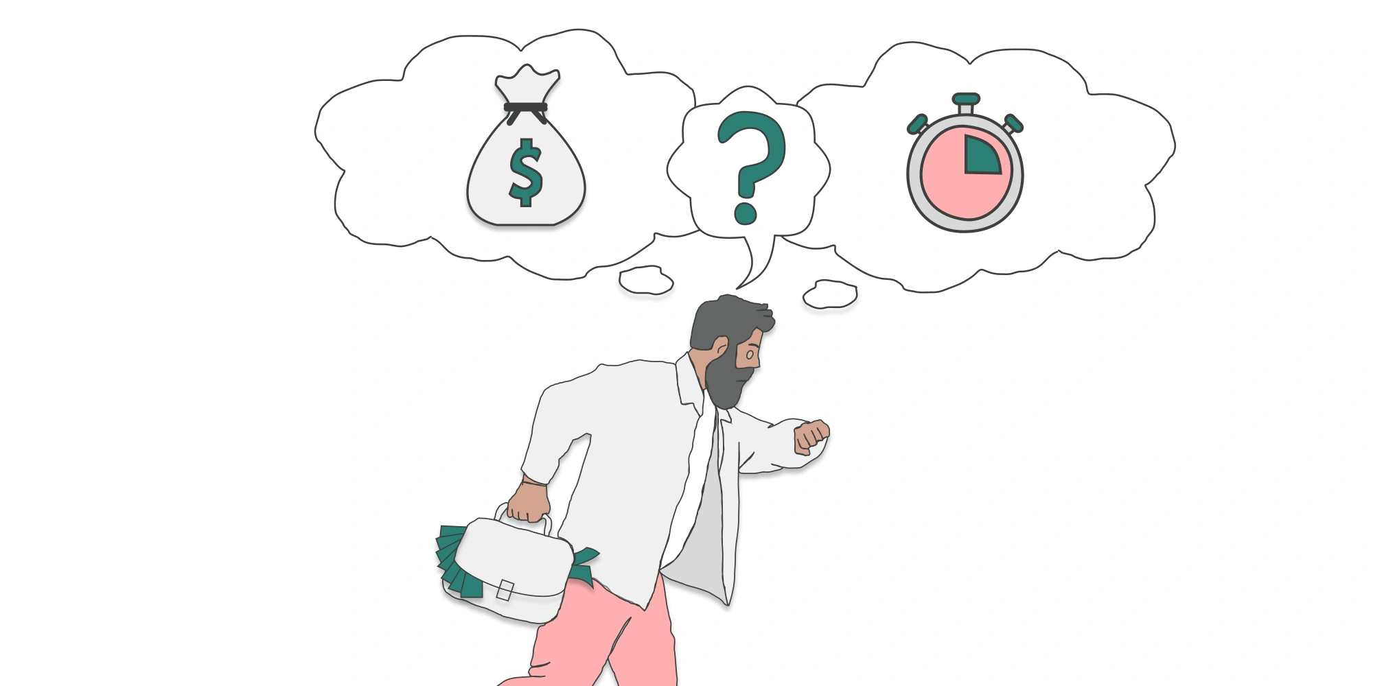 Chef de projet pressé regardant sa montre, illustrant les incertitudes liées à l’estimation en gestion de projet, avec des bulles de pensée représentant le coût, le temps et l’incertitude.