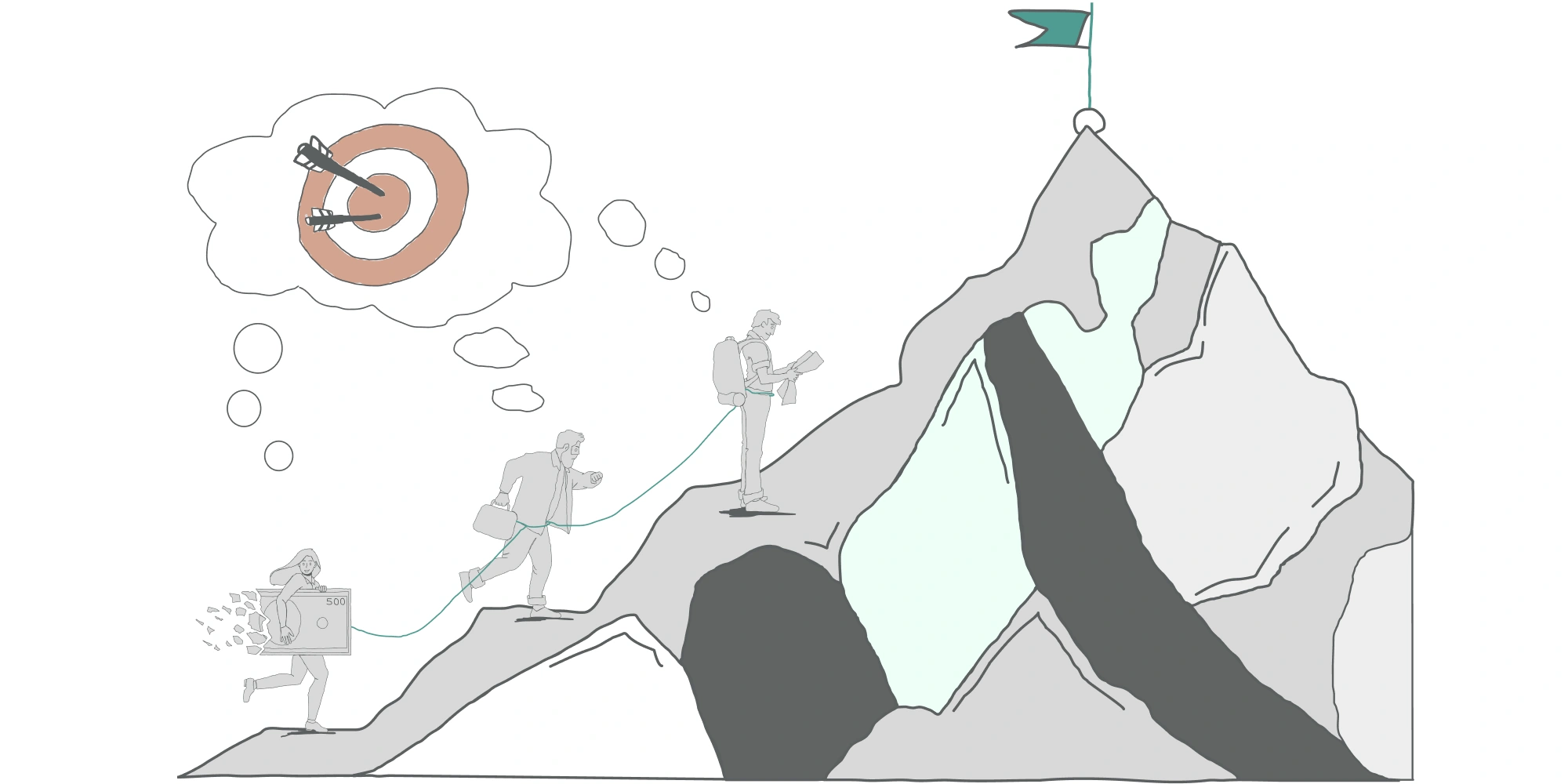 Métaphore visuelle de la gestion de projet : une équipe attachée avance vers un objectif représenté par un sommet, avec obstacles et rôles distincts