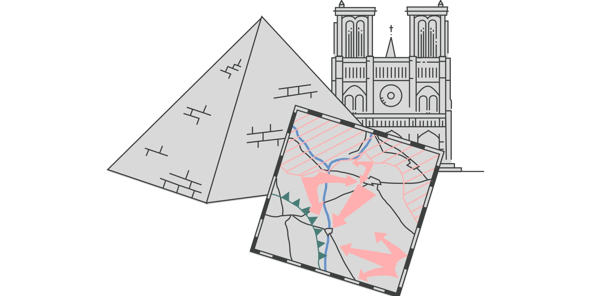 Illustration d'une pyramide, de la cathédrale Notre-Dame et d'une carte, représentant la diversité des structures de projets dans l'histoire.